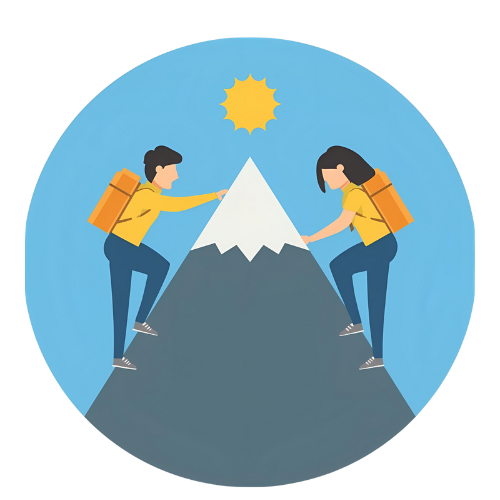 Two climbers working together toward a mountain peak symbolizing shared family goals.