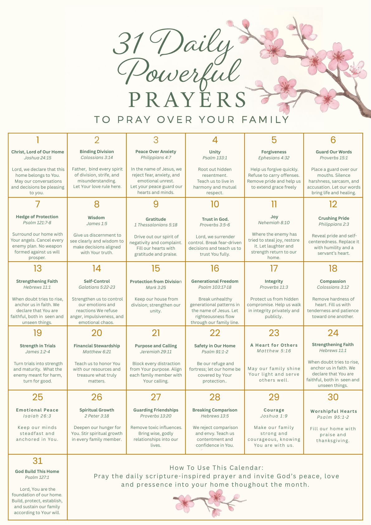 Printable 31 day family prayer calendar with daily scripture prayers to pray over your family