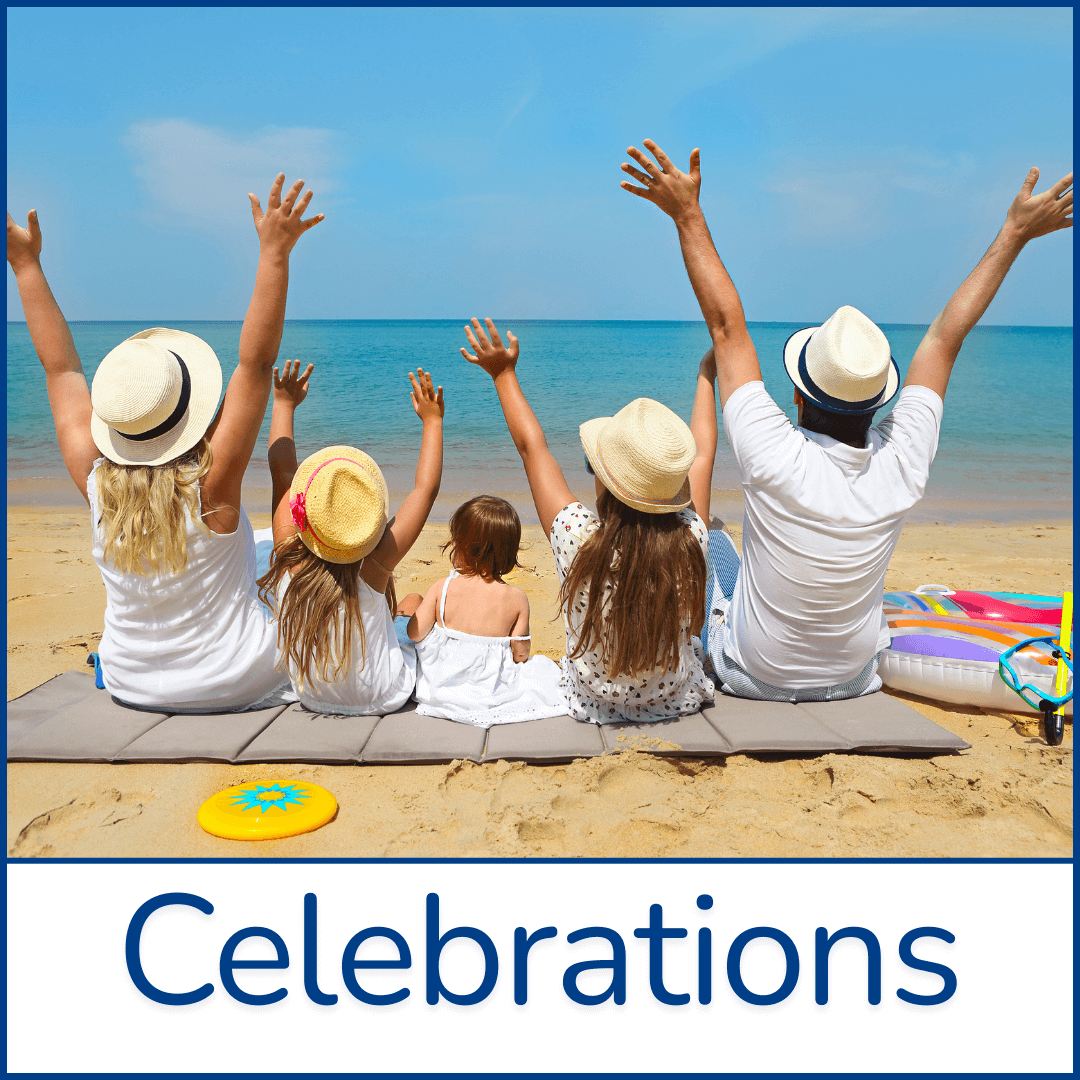 Family sitting together on a sunny beach hands raised in joy, representing birthdays, holiday traditions, seasonal celebrations, parenting moments, importance creating lasting memories with loved ones Family celebrations and traditions | Holiday, birthday, and parenting ideas for lasting memories