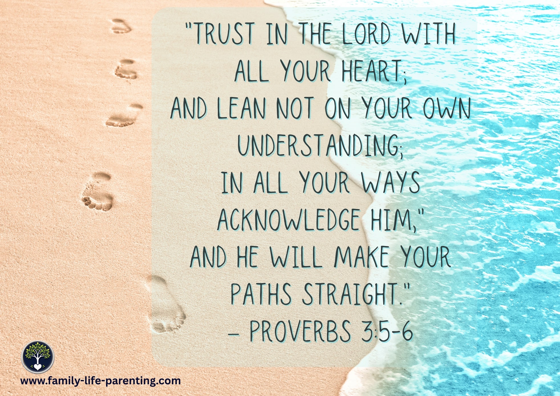 Footprints on beach with ocean waves and Proverbs 3:5–6 “Trust in the Lord” quote Footprints on beach with ocean waves and Proverbs 3:5–6 “Trust in the Lord” quote
