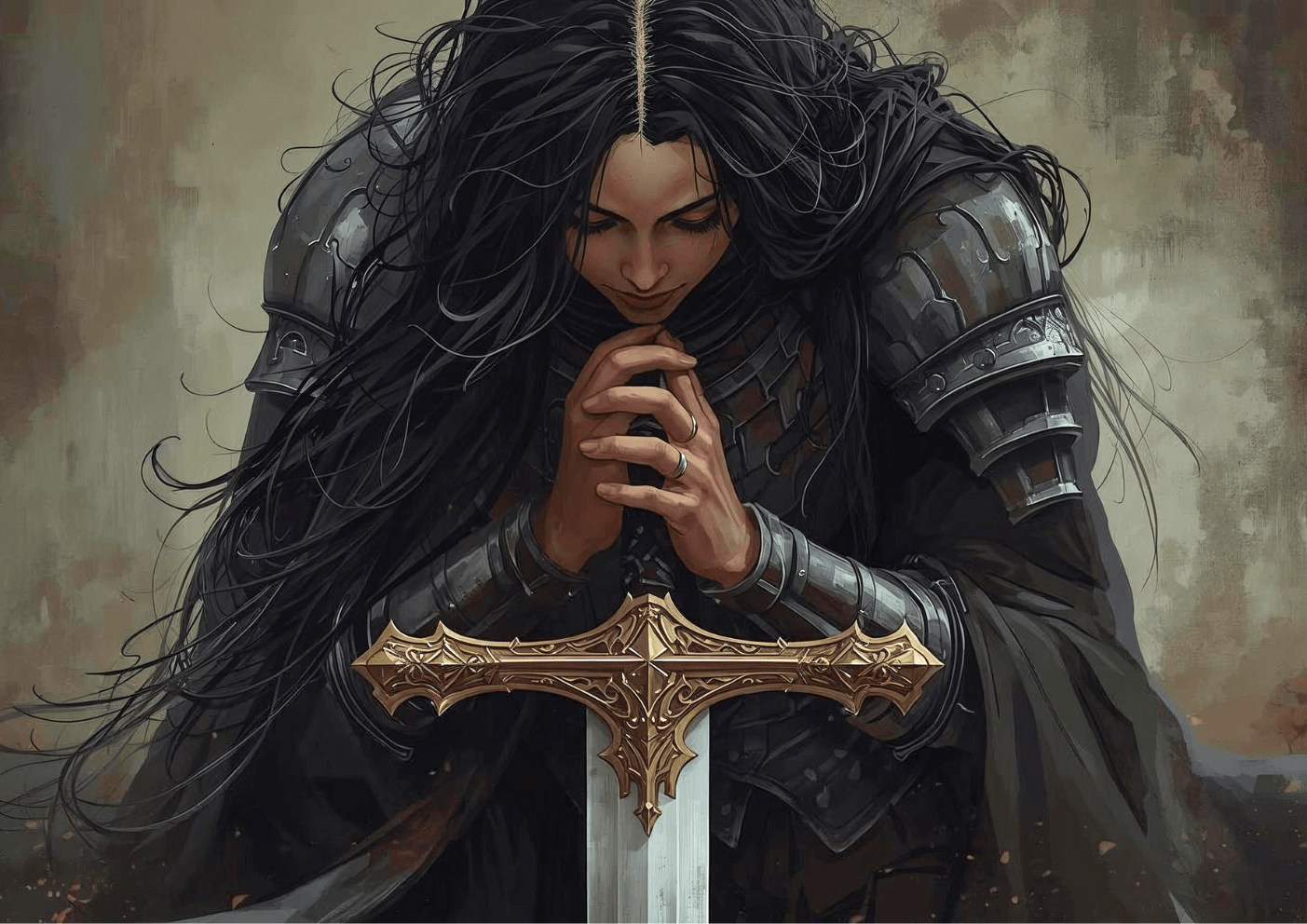 Woman warrior in armor kneeling in prayer with hands on a sword, representing spiritual battle, strength, and faith.