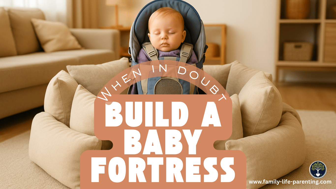 Baby Pillow Fortress in Living Room | Backpack Carrier Nap Story Sleeping baby in a backpack carrier surrounded by cushions in a cozy living room.